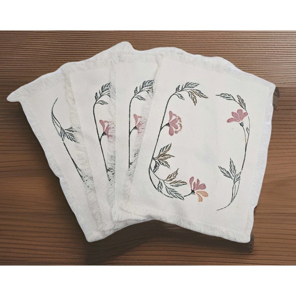 Set of 4 VTG Placemats‎ Ivory Pink Floral Vine Cloth Fringed 12"x17"